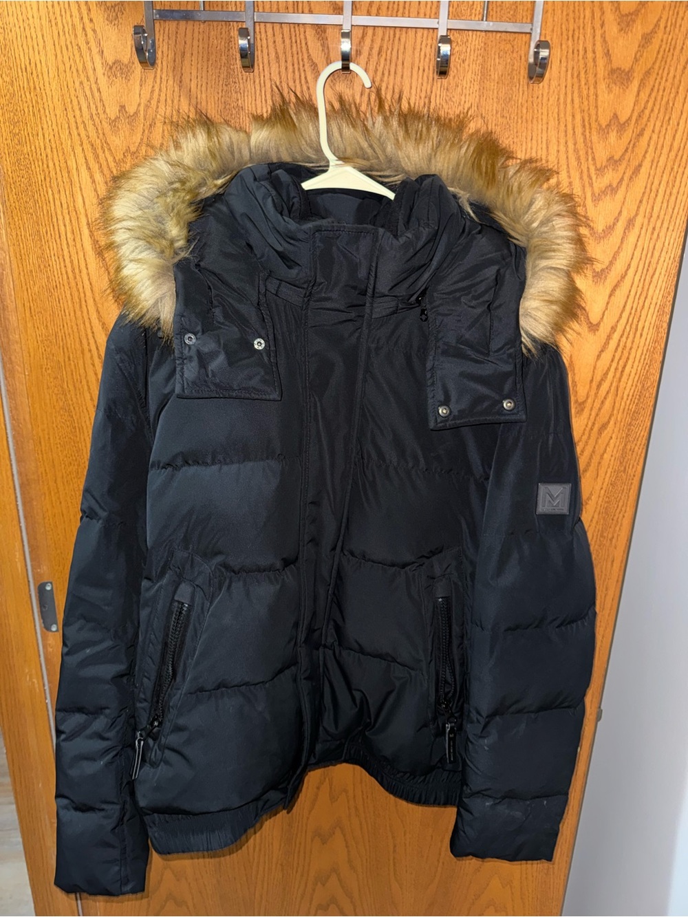 Marc New York Black Puffer Jacket with Faux Fur Trim